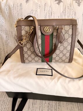 Gucci Brown GG Canvas Shoulder Bag with Green and Red Web